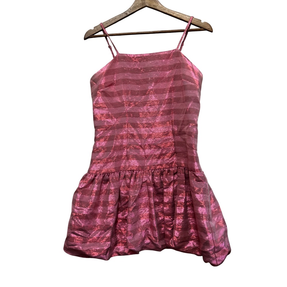 Corey Lynn Calter Mini Dress Womens Medium Pink Metallic Stripe Bubble Hem - Picture 2 of 8